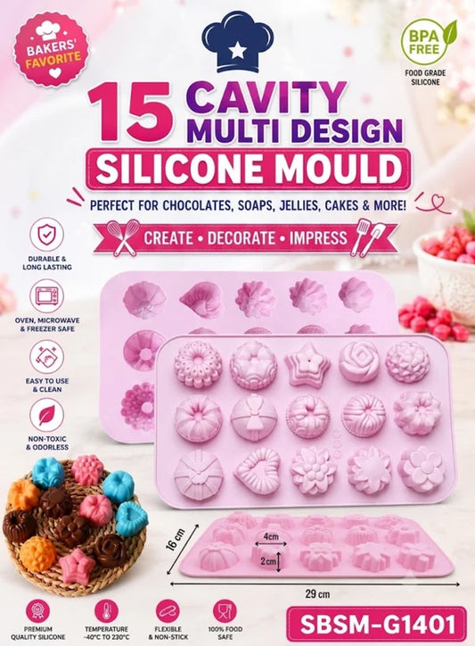 15 Cavity Multi Design Silicone Mould | Assorted Flower, Bundt Cake, Chocolate, Soap & Jelly Baking Tray (SBSM-G1401) - (MOQ 12 PCS) (AID)