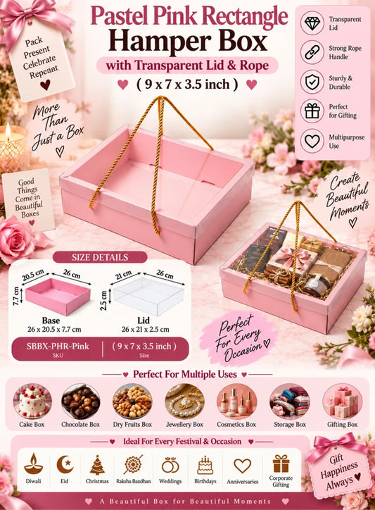 Pastel Pink Rectangle Hamper Box with Transparent Lid & Rope – 9 x 7 x 3.5 Inch | Premium Gift Packaging Box(SBBX-PHR-Pink)  (MOQ 100 PCS) (IE)