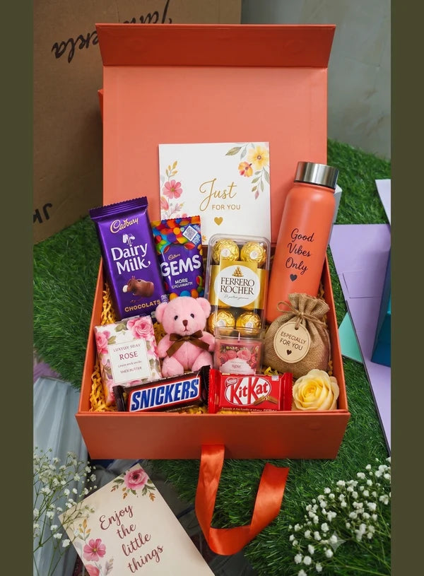 Small Collapsible Gift Hamper Box With Ribbon - Cosmic Orange (10x8x4 Inch) | 1 Pc | Foldable Reusable Magnetic Gift Packaging Box (SBBX-CHB-S-CO) - (MOQ 50 PCS)