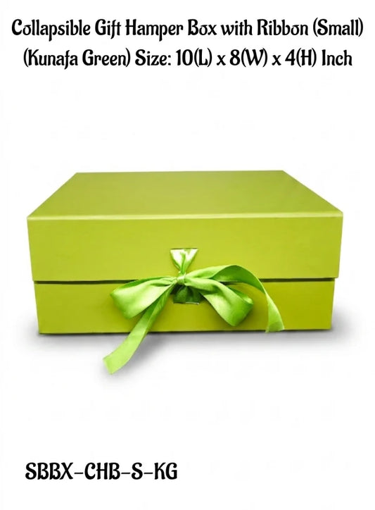 Small Collapsible Gift Hamper Box With Ribbon - Kunafa Green (10x8x4 Inch) | 1 Pc | Foldable Reusable Magnetic Gift Packaging Box (SBBX-CHB-S-KG) - (MOQ 50 PCS)
