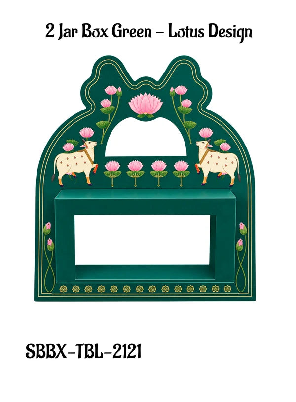2 Jar Box Green Lotus Design Traditional Gift Hamper Box with Clear Window Without Jars (1Pc) | 17.5 x 8.5 x 11.5 cm | SBBX-TBL-2121 | (MOQ 100 PCS)