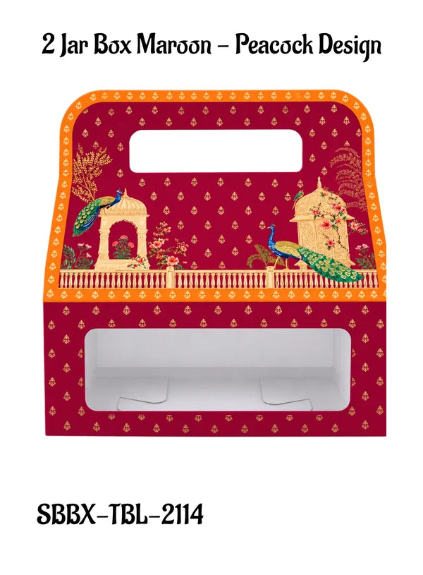 2 Jar Maroon Peacock Design Traditional Gift Hamper Box with Clear Window Without Jars (1Pc) | 17.8 x 9.4 x 24.3 cm | SBBX-TBL-2114| (MOQ 100 PCS)