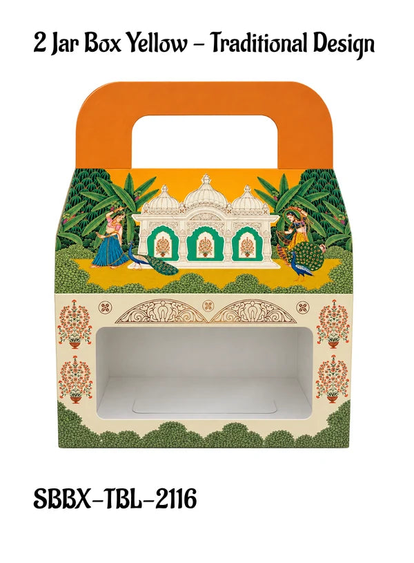 2 Jar Yellow Palace & Peacock Traditional Gift Hamper Box with Clear Window Without Jars (1Pc) | 17.8 x 9.4 x 24.3 cm | SBBX-TBL-2116 |  (MOQ 100 PCS)
