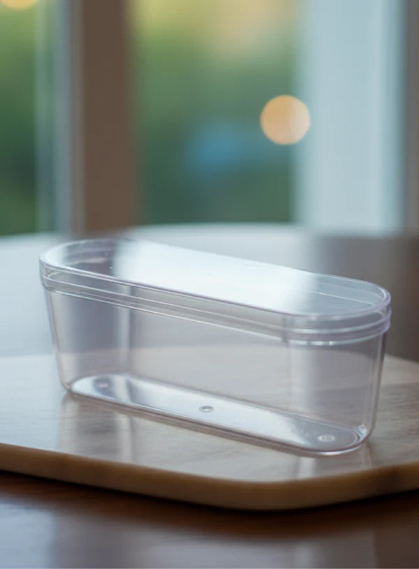 Acrylic Long Oval Tiramisu & Dessert Box with Lid – 190 ml Transparent Container for Mousse, Pudding & Bakery Packaging (SB-UPB001-190ml)   (MOQ 500 PCS)  (RF)