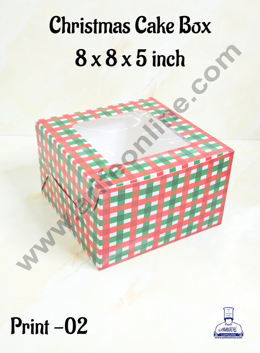 Red & Green Checks Christmas design 1/2 kg Cake Box (8 x 8 x 5 inch) | Small | Print -02 | 10 Pcs Pack (MOQ 12 PACK)
