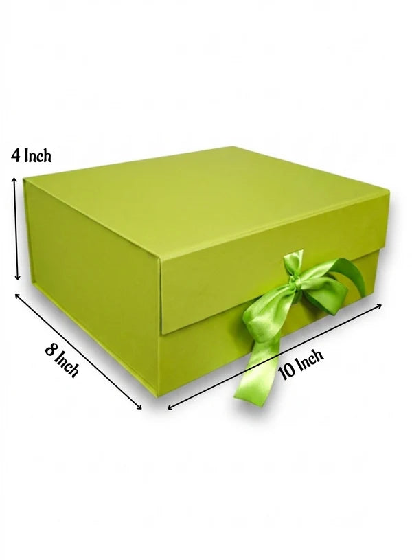 Small Collapsible Gift Hamper Box With Ribbon - Kunafa Green (10x8x4 Inch) | 1 Pc | Foldable Reusable Magnetic Gift Packaging Box (SBBX-CHB-S-KG) - (MOQ 50 PCS)