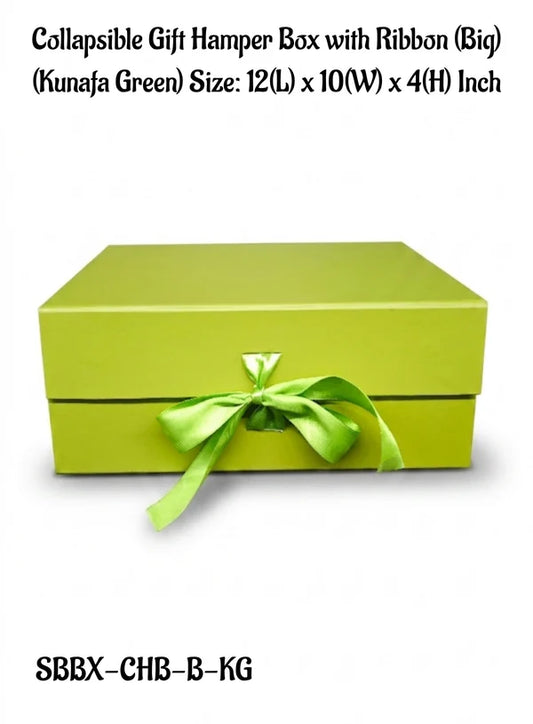 Big Collapsible Gift Hamper Box With Ribbon - Kunafa Green (12x10x4 Inch) | 1 Pc | Foldable Reusable Magnetic Gift Packaging Box (SBBX-CHB-B-KG) - (MOQ 50 PCS)