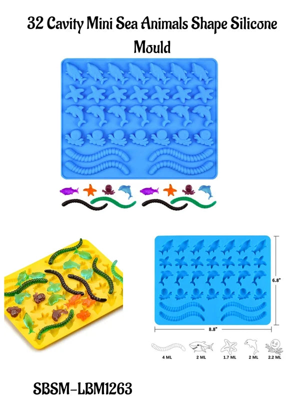 32 Cavity Mini Sea Animals Silicone Mould – Ocean Theme Chocolate, Candy, Jelly, Soap & Resin Mould – 8.8 × 6.8 Inch | SBSM-LBM1263 (MOQ 12 PCS) (ME)