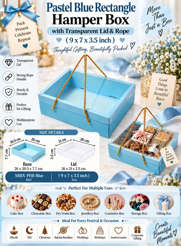 Pastel Blue Rectangle Hamper Box with Transparent Lid & Rope – 9 x 7 x 3.5 Inch | Premium Gift Packaging Box(SBBX-PHR-Blue) (MOQ 100 PCS) (IE)