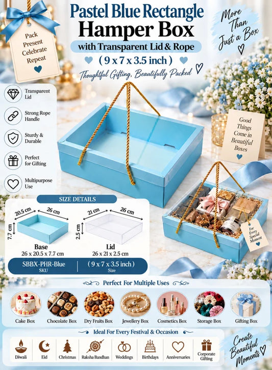 Pastel Blue Rectangle Hamper Box with Transparent Lid & Rope – 9 x 7 x 3.5 Inch | Premium Gift Packaging Box(SBBX-PHR-Blue) (MOQ 100 PCS) (IE)