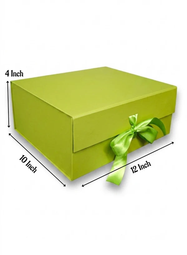 Big Collapsible Gift Hamper Box With Ribbon - Kunafa Green (12x10x4 Inch) | 1 Pc | Foldable Reusable Magnetic Gift Packaging Box (SBBX-CHB-B-KG) - (MOQ 50 PCS)