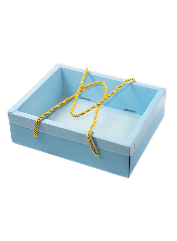 Pastel Blue Rectangle Hamper Box with Transparent Lid & Rope – 9 x 7 x 3.5 Inch | Premium Gift Packaging Box(SBBX-PHR-Blue) (MOQ 100 PCS) (IE)