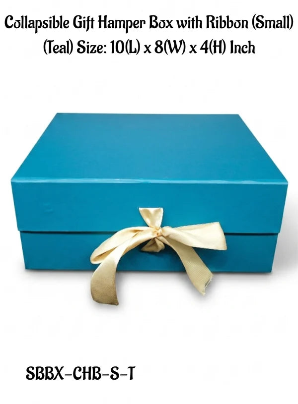 Small Collapsible Gift Hamper Box With Ribbon - Teal (10x8x4 Inch) | 1 Pc | Foldable Reusable Magnetic Gift Packaging Box (SBBX-CHB-S-T) - (MOQ 50 PCS)