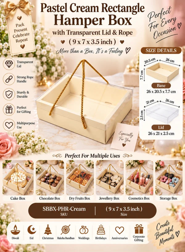 Pastel Cream Rectangle Hamper Box with Transparent Lid & Rope – 9 x 7 x 3.5 Inch | Premium Gift Packaging Box(SBBX-PHR-Cream) (MOQ 100 PCS) (IE)