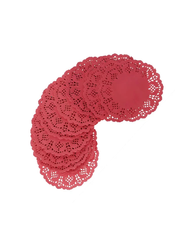 3.5 Inch Paper Doilies | Round Decorative Placemats | Disposable Food-Grade Paper Mats – Red | Pack of 100 (SBPD-R-3.5) (MOQ 12 PACK)