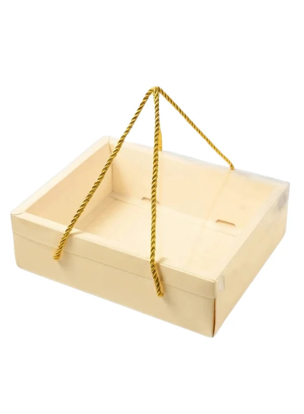 Pastel Cream Rectangle Hamper Box with Transparent Lid & Rope – 9 x 7 x 3.5 Inch | Premium Gift Packaging Box(SBBX-PHR-Cream) (MOQ 100 PCS) (IE)