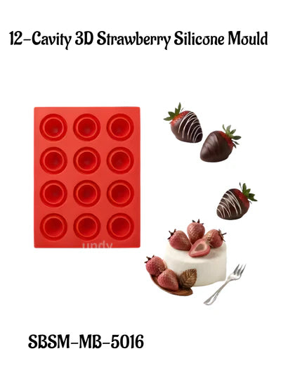 12-Cavity Strawberry Shape Silicone Mould – 3D Non-Stick Chocolate, Candy, Jelly & Fondant Making Mold for Baking & Dessert Decoration (SBSM-MB-5016)  (RME)