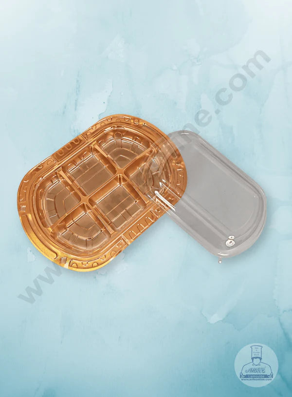 6 Compartment PVC Container with Lid - 1 Piece Premium Leak-proof takeaway PET Food Packaging Golden Plastic Container with Transparent Lid - (27X26X4cm) (MOQ 100 PCS) (IE)