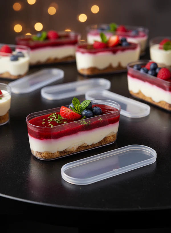 Acrylic Long Oval Tiramisu & Dessert Box with Lid – 190 ml Transparent Container for Mousse, Pudding & Bakery Packaging (SB-UPB001-190ml)   (MOQ 500 PCS)  (RF)