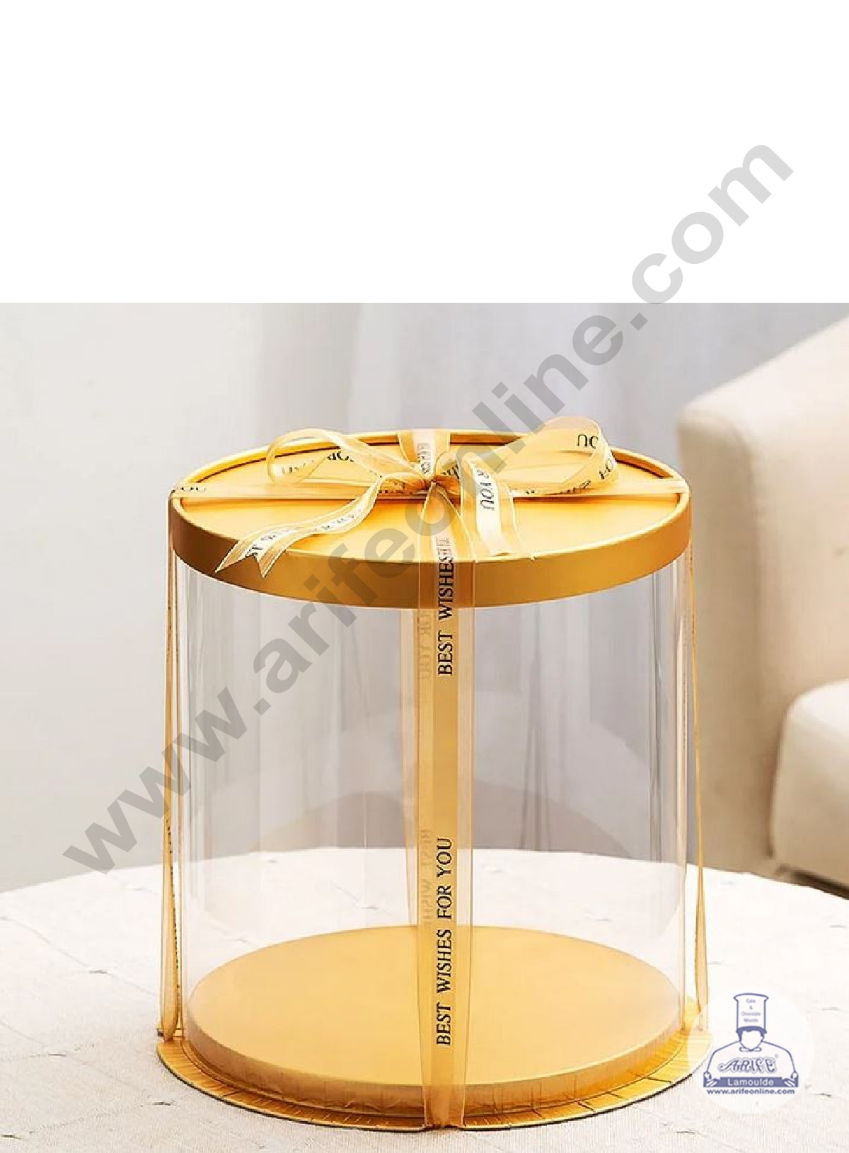 1 Piece Transparent Round Cake Box With Golden Base & Lid | Gift Box | Hamper Box | Pinata Box - (10 X 10 X 12 Inch)  (ARE)