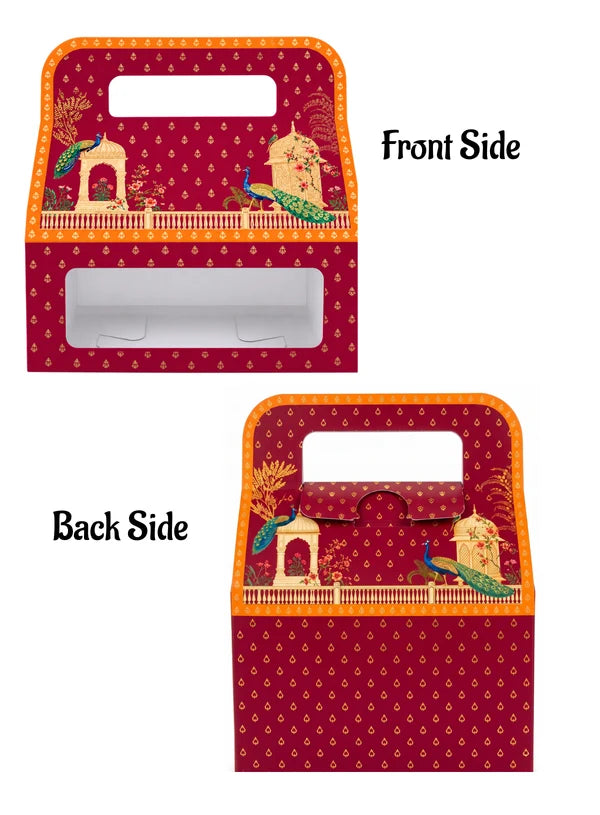2 Jar Maroon Peacock Design Traditional Gift Hamper Box with Clear Window Without Jars (1Pc) | 17.8 x 9.4 x 24.3 cm | SBBX-TBL-2114| (MOQ 100 PCS)