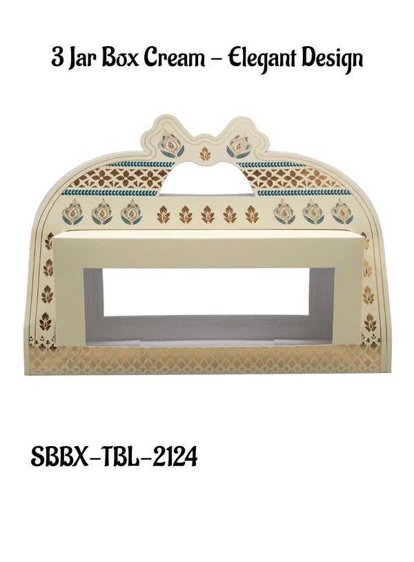 3 Jar Box Cream Elegant Design Traditional Gift Hamper Box with Clear Window Without Jars (1Pc) | 26 x 8.5 x 11.5 cm | SBBX-TBL-2124 | (MOQ 100 PCS)