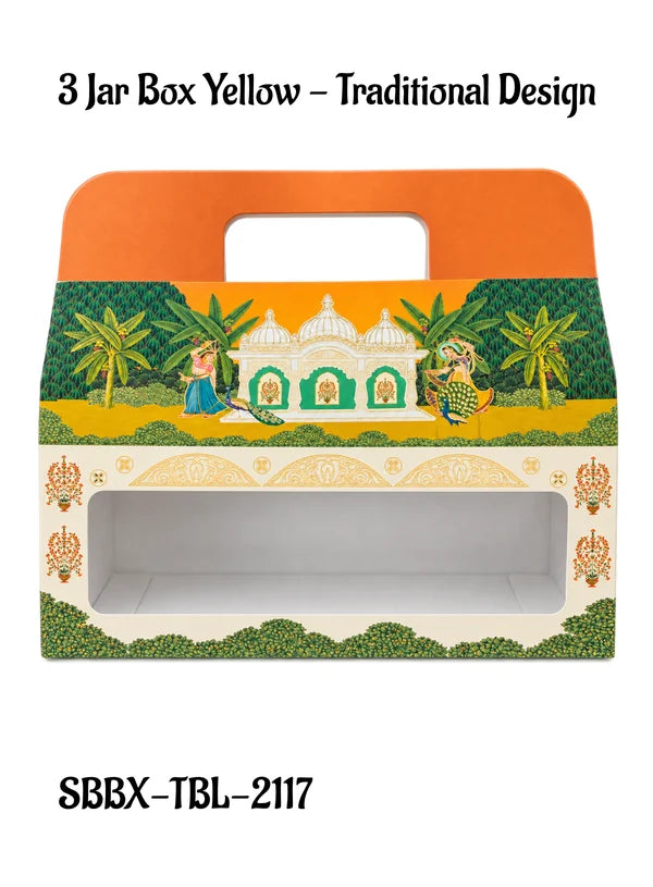 3 Jar Yellow Palace & Peacock Traditional Gift Hamper Box with Clear Window Without Jars (1Pc) | 26.7 x 9.4 x 24.3 cm | SBBX-TBL-2117 | (MOQ 100 PCS)