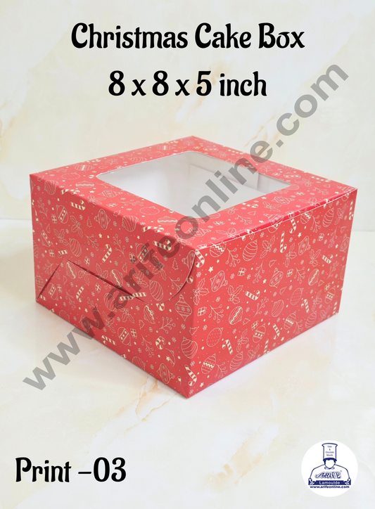 Red Christmas design 1/2 kg Cake Box (8 x 8 x 5 inch) | Small | Print -03 | 10 Pcs Pack (MOQ 12 PACK)