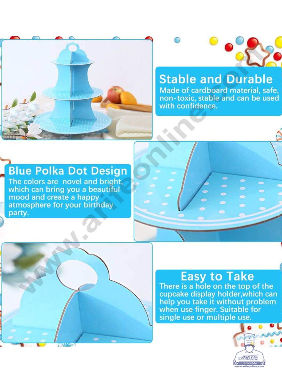 Cake Decor™ 3 Tier Small Polka Dots Printed Round Cardboard Cupcake Stand