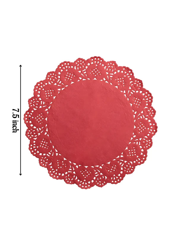 7.5 Inch Paper Doilies | Round Decorative Placemats | Disposable Food-Grade Paper Mats – Red | Pack of 100 (SBPD-R-7.5) (MOQ 12 PACK)