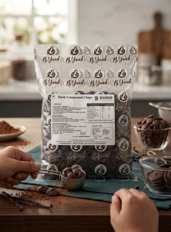 BYOND Dark Compound Chips | Professional Dark Compound Chocolate Chips for Baking, Coating & Desserts (1 Kg) (Beyond-DC-Chips)