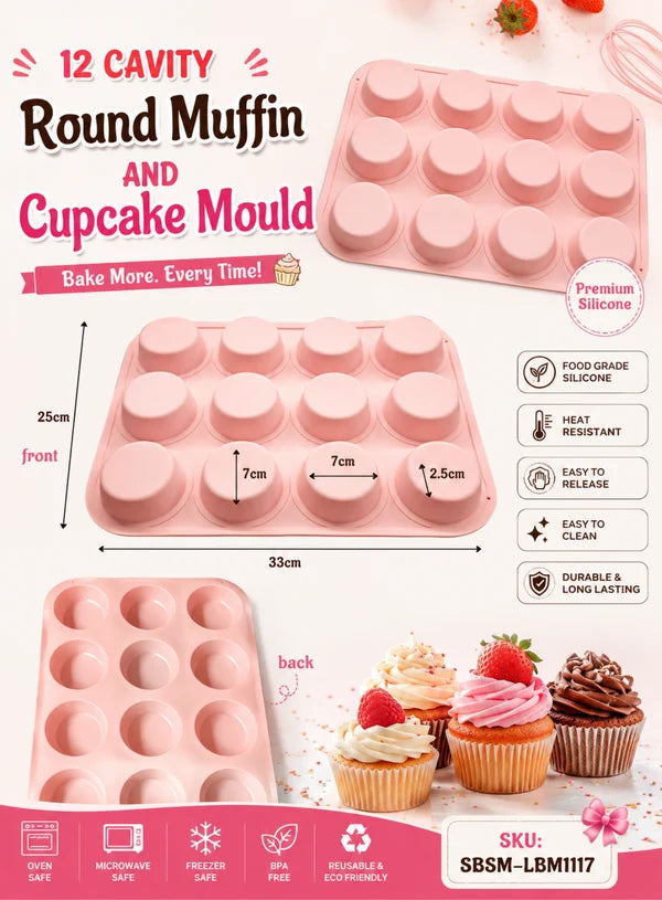 12 Cavity Round Muffin & Cupcake Mould | Muffin, Cupcake, Mini Cake & Dessert Baking Mould (SBSM-LBM1117) - (MOQ 12 PCS) (AED)