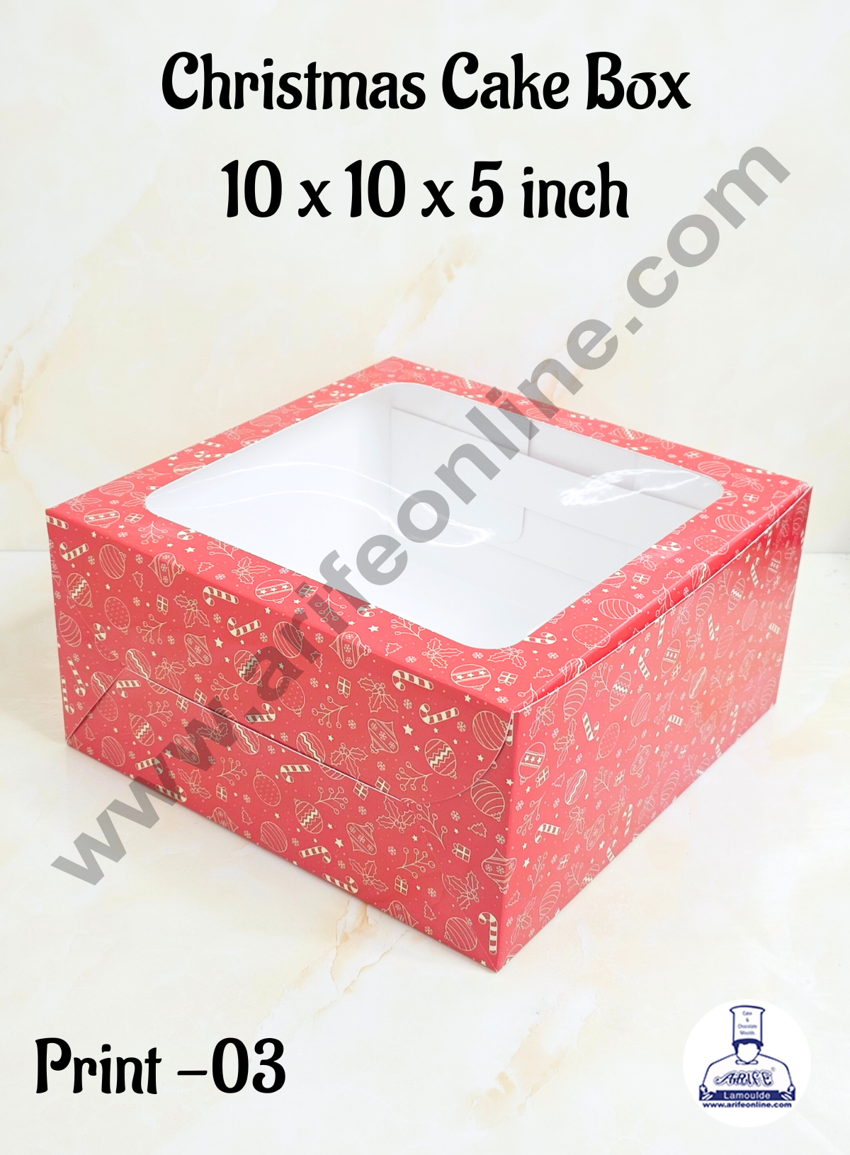 Red Christmas design 1 kg Cake Box (10 x 10 x 5 inch)| Print-03 | Big - 10 Pcs Pack (MOQ 12 PACK)