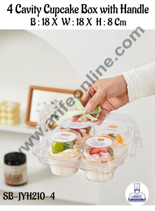 PVC 4 Cavity Cupcake Box with Handle | Muffin Box | Mini Dessert Package - (MOQ 100 PCS) (RD)