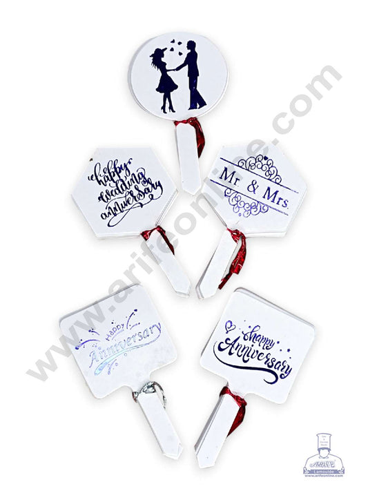 50 pcs Happy Anniversary Tag Blue Foil Mix Design Paper Topper For Cake And Cupcake (MOQ 12 PCS)