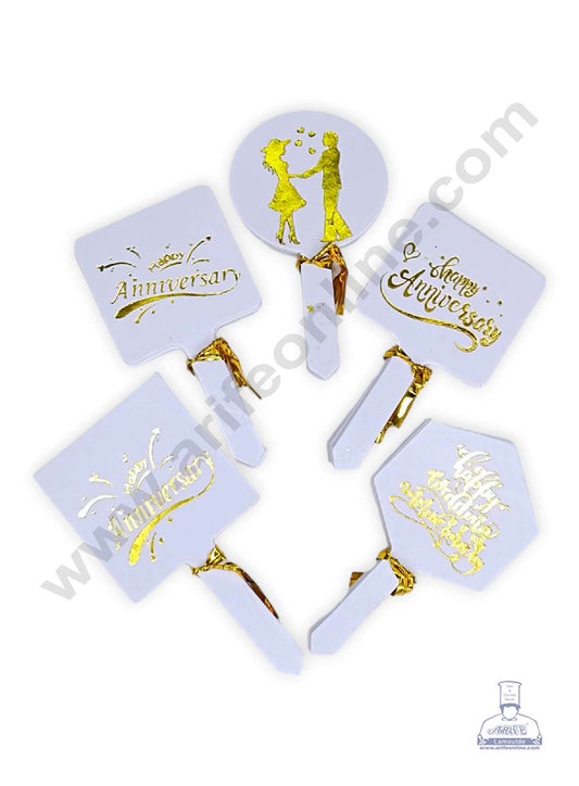 100 pcs Happy Anniversary Tag Gold Foil Mix Design Paper Topper For Cake And Cupcake (MOQ 12 PCS)