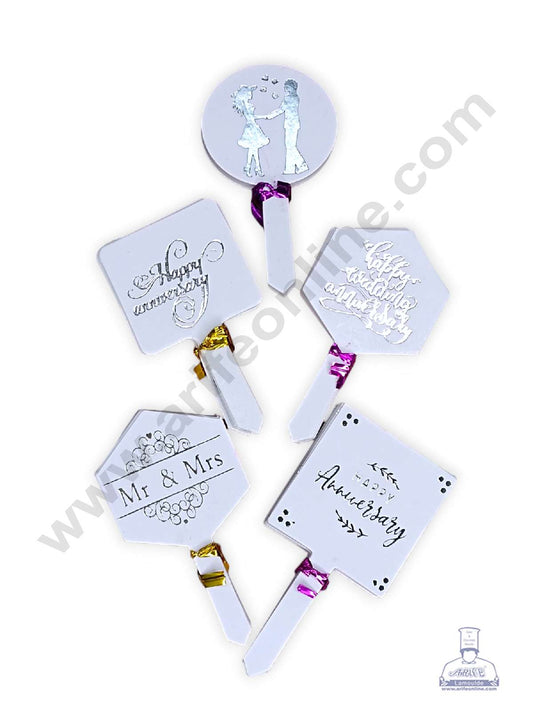 50 pcs Happy Anniversary Tag Silver Foil Mix Design Paper Topper For Cake And Cupcake (MOQ 12 PCS)