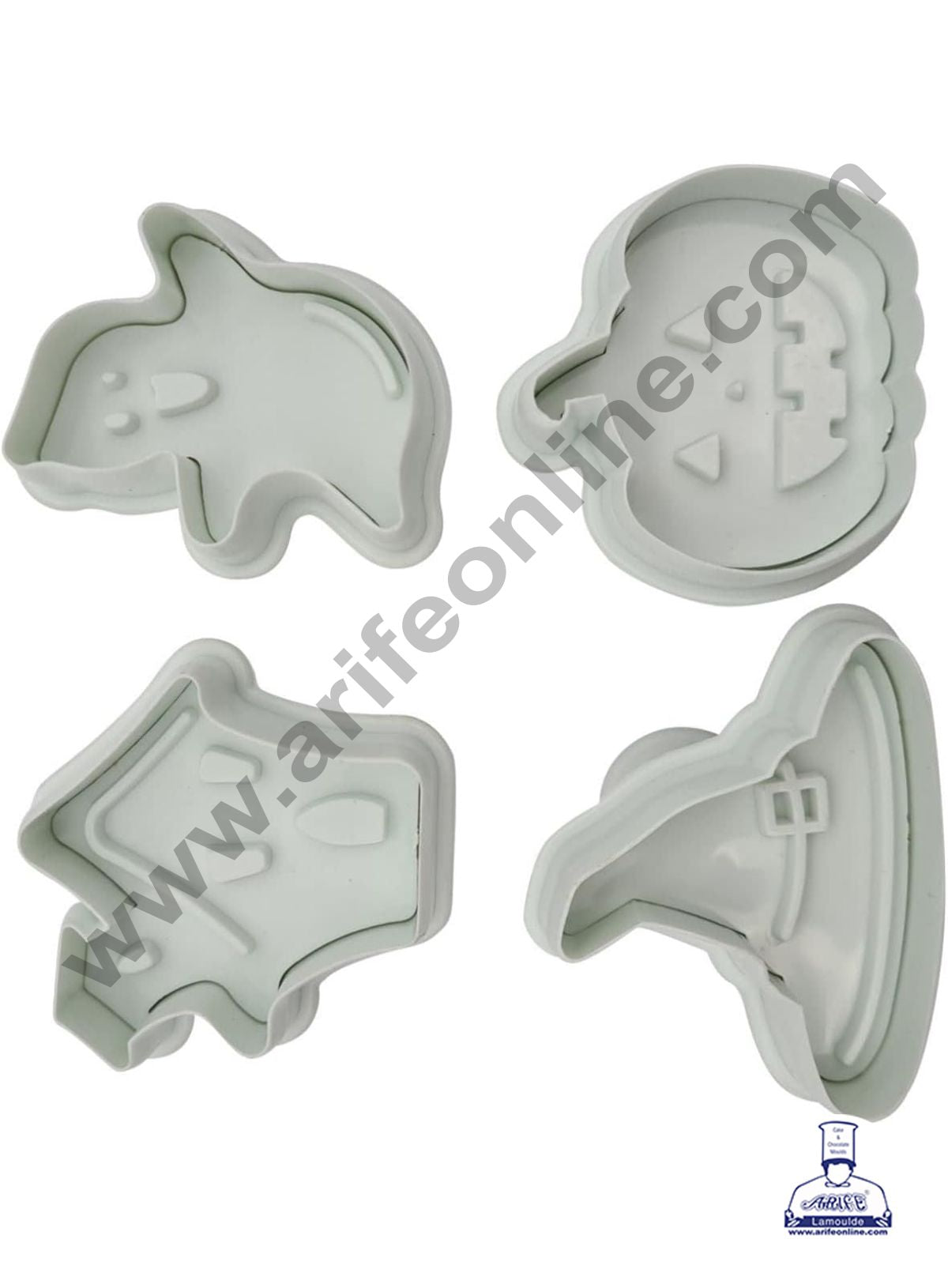 4 Piece Halloween Theme Plastic Cutter | Fondant Cutter Plunger Halloween Ghost Pumpkin Witch Hat Haunted House