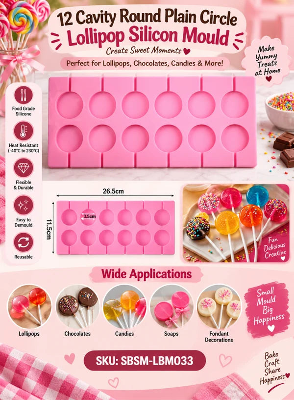 12 Cavity Round Lollipop Silicone Mold – 3.5 cm Plain Circle Candy & Chocolate Mould for Cake Pops, Hard Candy, Jelly & DIY Treats – 26.5 × 11.5 cm (SBSM-LBM033) (MOQ 12 PCS) (ME)