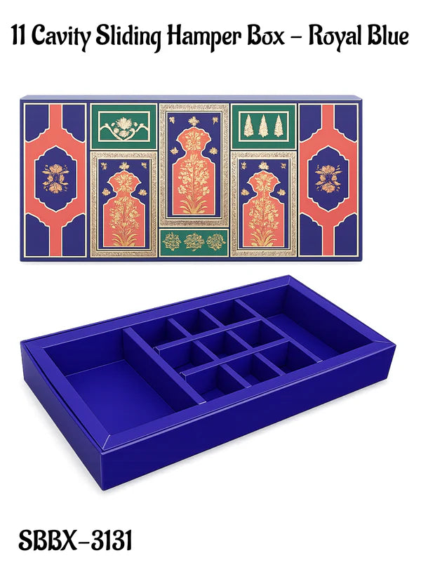 11 Cavity Rectangle Royal Blue Sliding Hamper Box with Tray & Compartments | Festive Gift Box (SBBX-3131) - (MOQ 100 PCS)