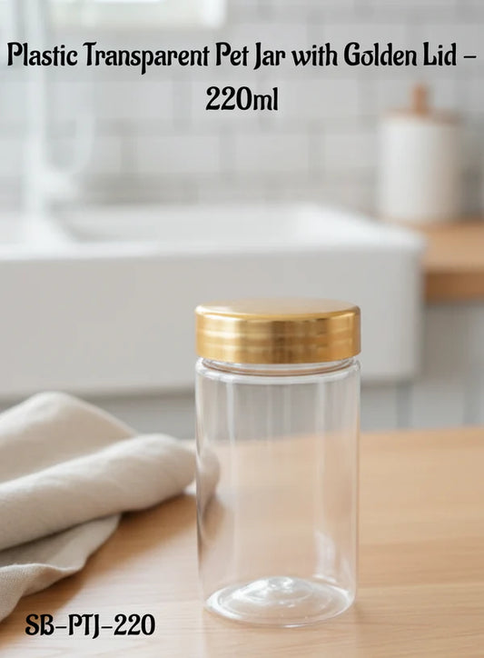 Clear Plastic Pet Jar with Golden Lid - 1 Piece - 220 ml - (SB-PTJ-220)  (MOQ 100 PCS) (AF)