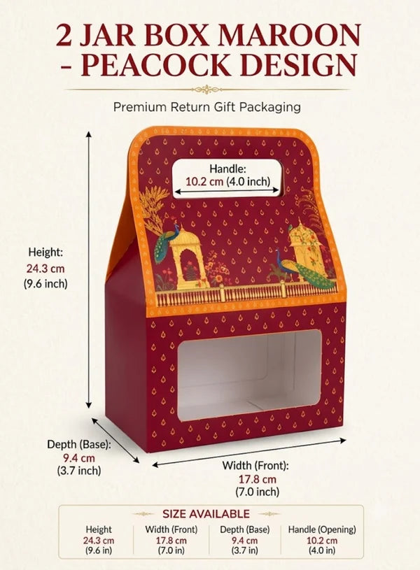 2 Jar Maroon Peacock Design Traditional Gift Hamper Box with Clear Window Without Jars (1Pc) | 17.8 x 9.4 x 24.3 cm | SBBX-TBL-2114| (MOQ 100 PCS)