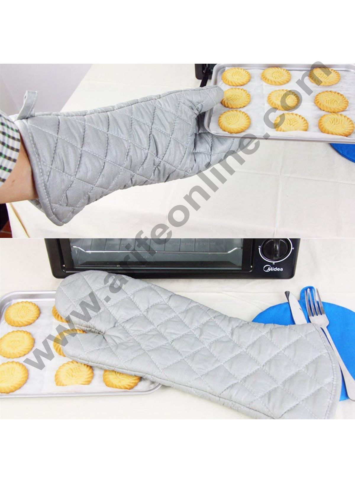 Cake Decor Silver Coated Extra Long Oven Gloves Heat Resistant for Kitchen Cooking (Set of 2)