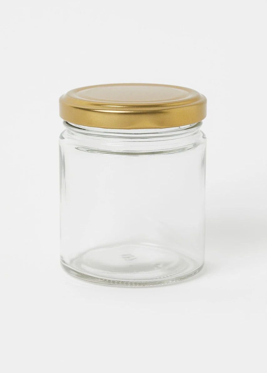 Set of 1 Clear Circle Glass Jars For Food Storage With Golden Lug Caps(190ml)   (48 PCS PER CRTN MOQ 1 CRTN) (AF.5)