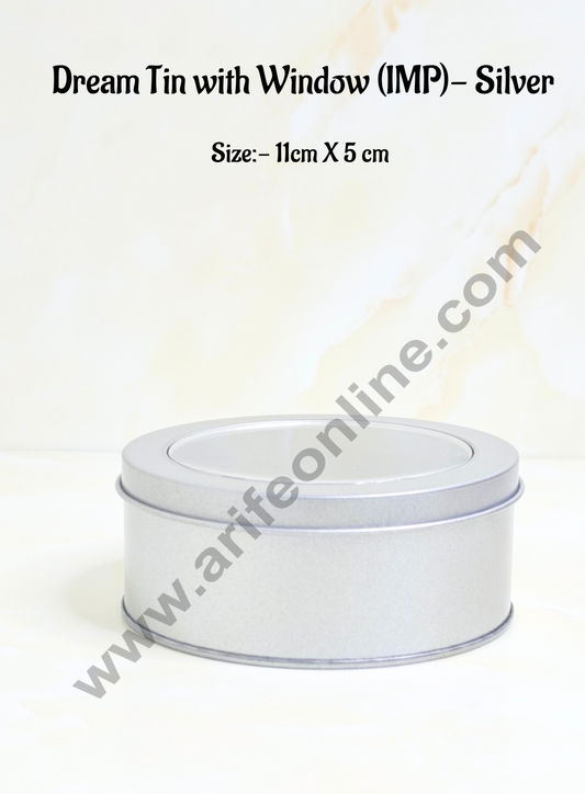 Dream Tin with Window (IMP) | Dream Cake Tin Torte cake Cookie Cake Tin - Silver Color - 11 cm X 5cm  (MOQ 1 BOX) (FE)