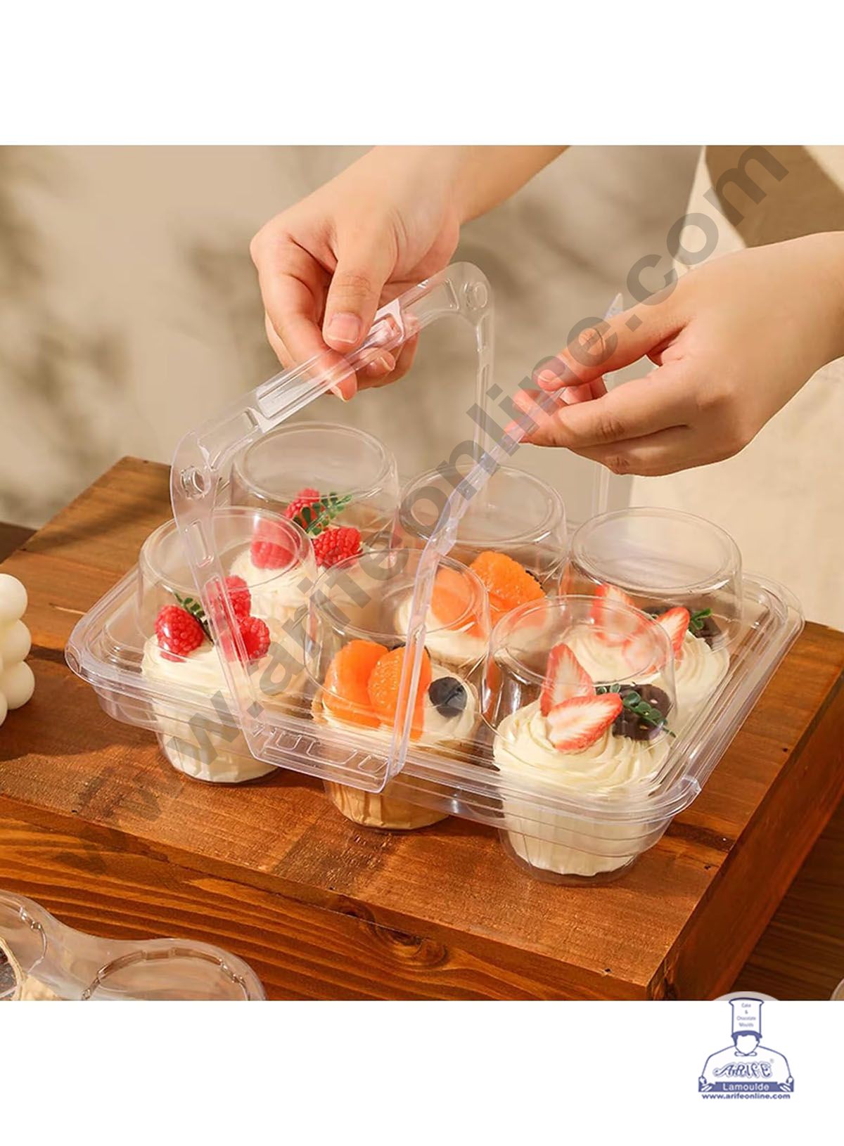 PVC 6 Cavity Cupcake Box with Handle | Muffin Box | Mini Dessert Package - (MOQ 100 PCS) (RE)