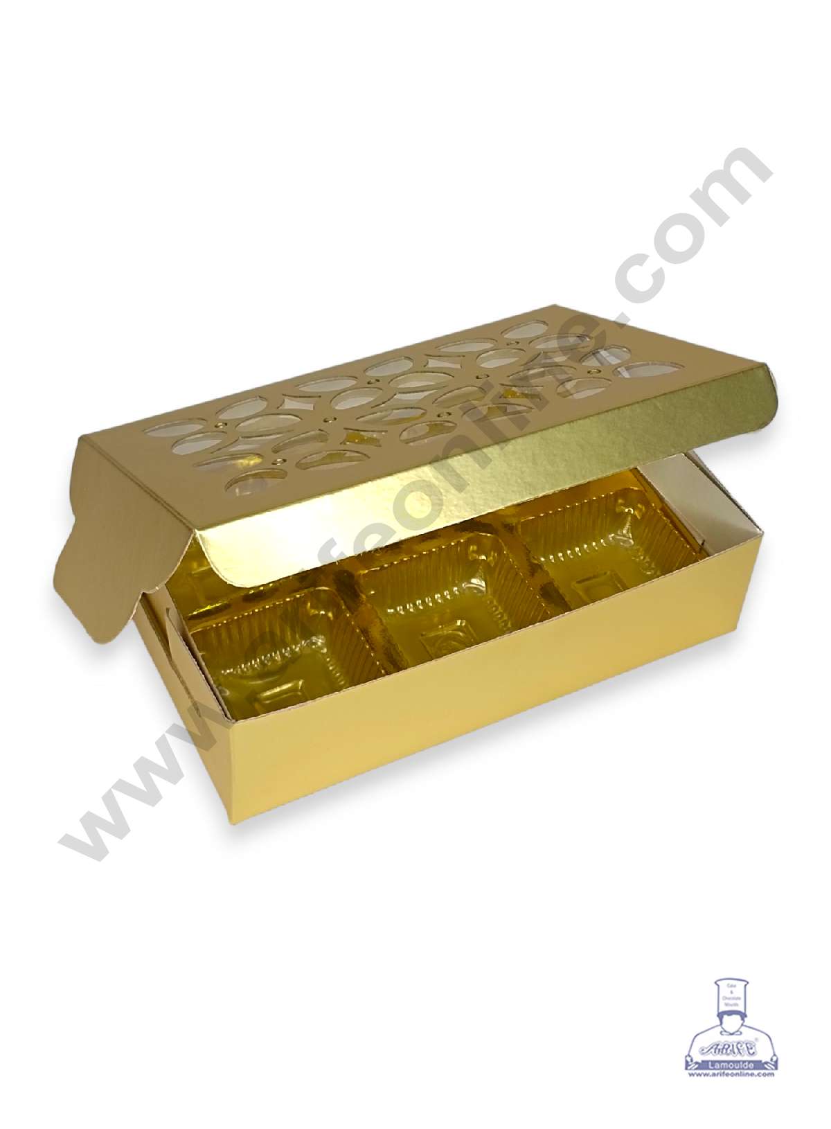 6 Cavity Chocolate Box with Cavity & Cutout Window Without Handle ( 10 Piece Pack ) - Gold (MOQ 12 PCK) (ADD)