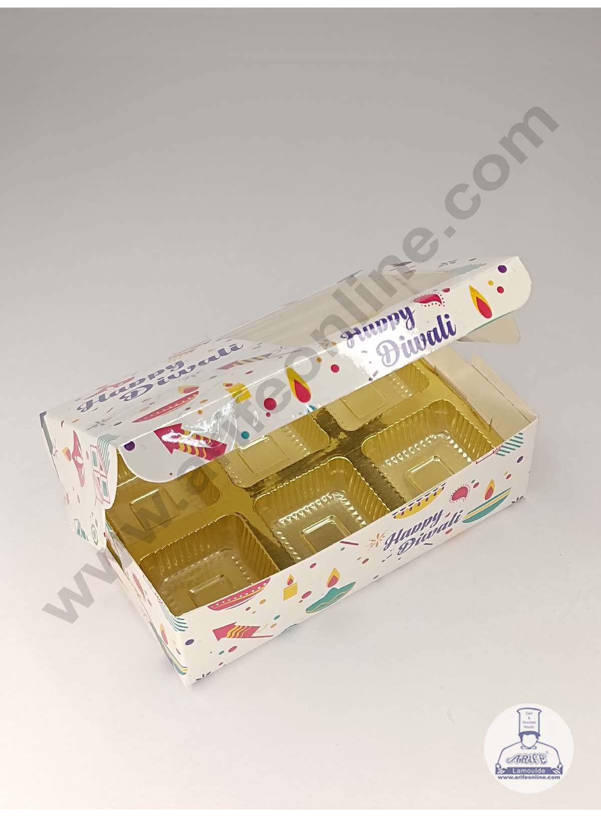 6 Cavity Diwali Theme Chocolate Box with Clear Window & Cavity ( 10 Piece Pack ) - White (MOQ 12 PACK) (UD)