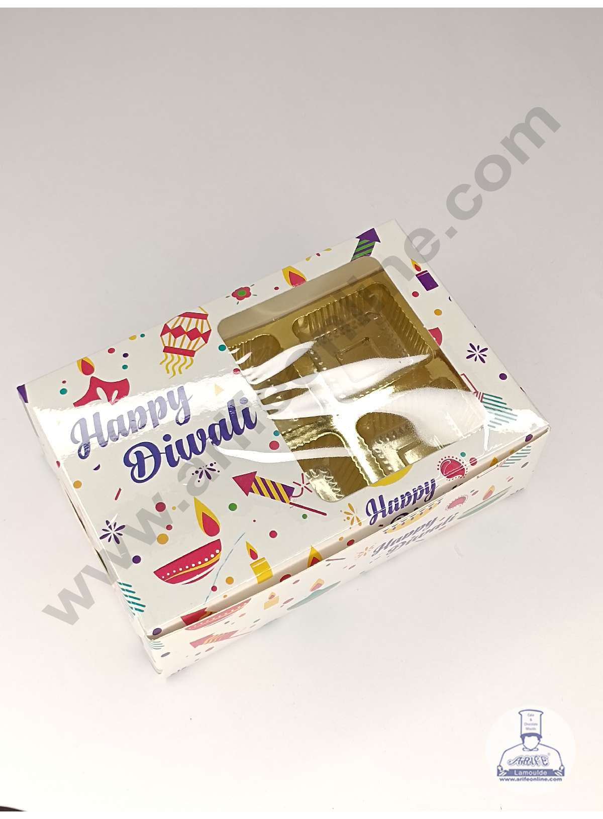 6 Cavity Diwali Theme Chocolate Box with Clear Window & Cavity ( 10 Piece Pack ) - White (MOQ 12 PACK) (UD)