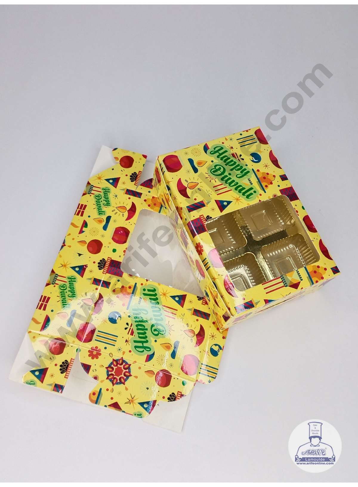 6 Cavity Diwali Theme Chocolate Box with Clear Window & Cavity ( 10 Piece Pack ) - Yellow (MOQ 12 PACK) (UD)